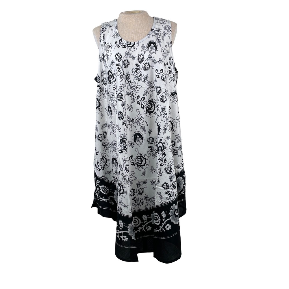 7 Islands Womens 2X Black White Floral Rayon Sleeveless Midi Dress New
